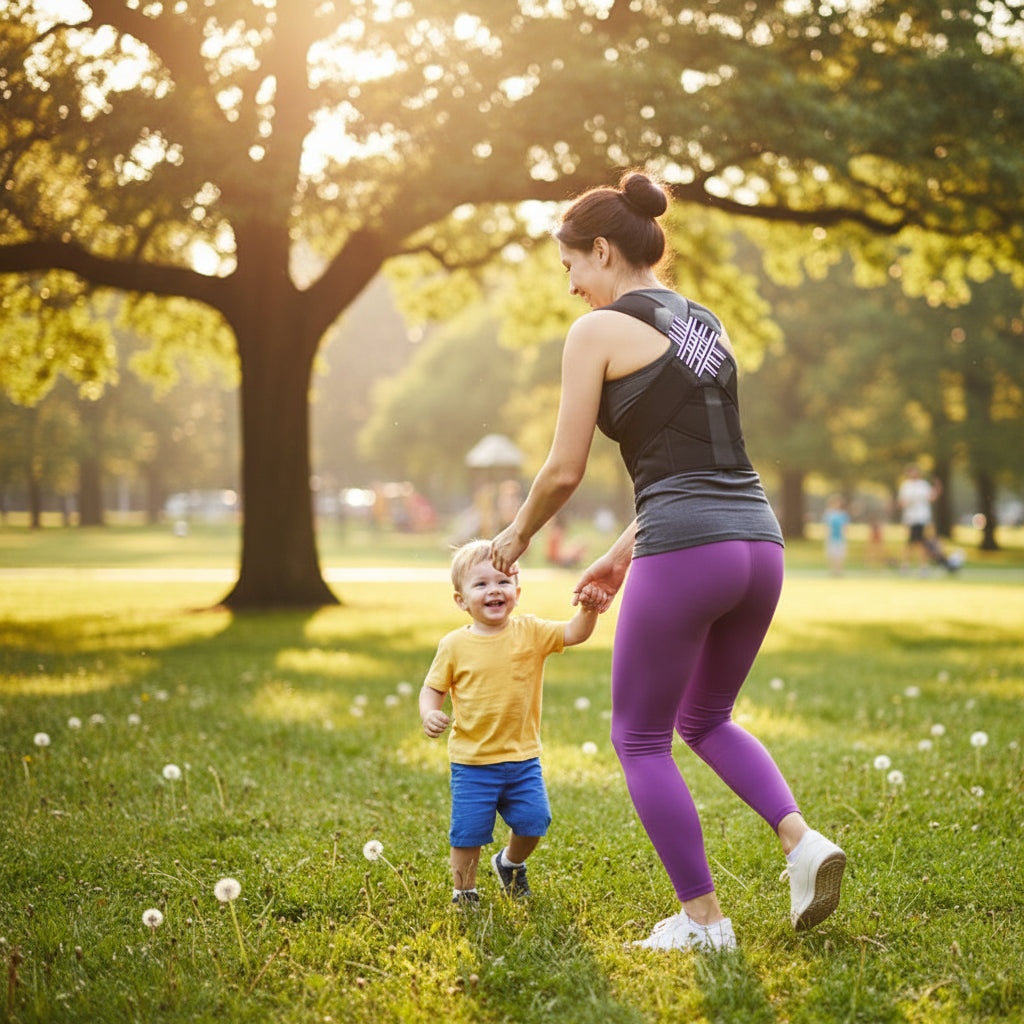 Person wearing a black posture corrector on a white background