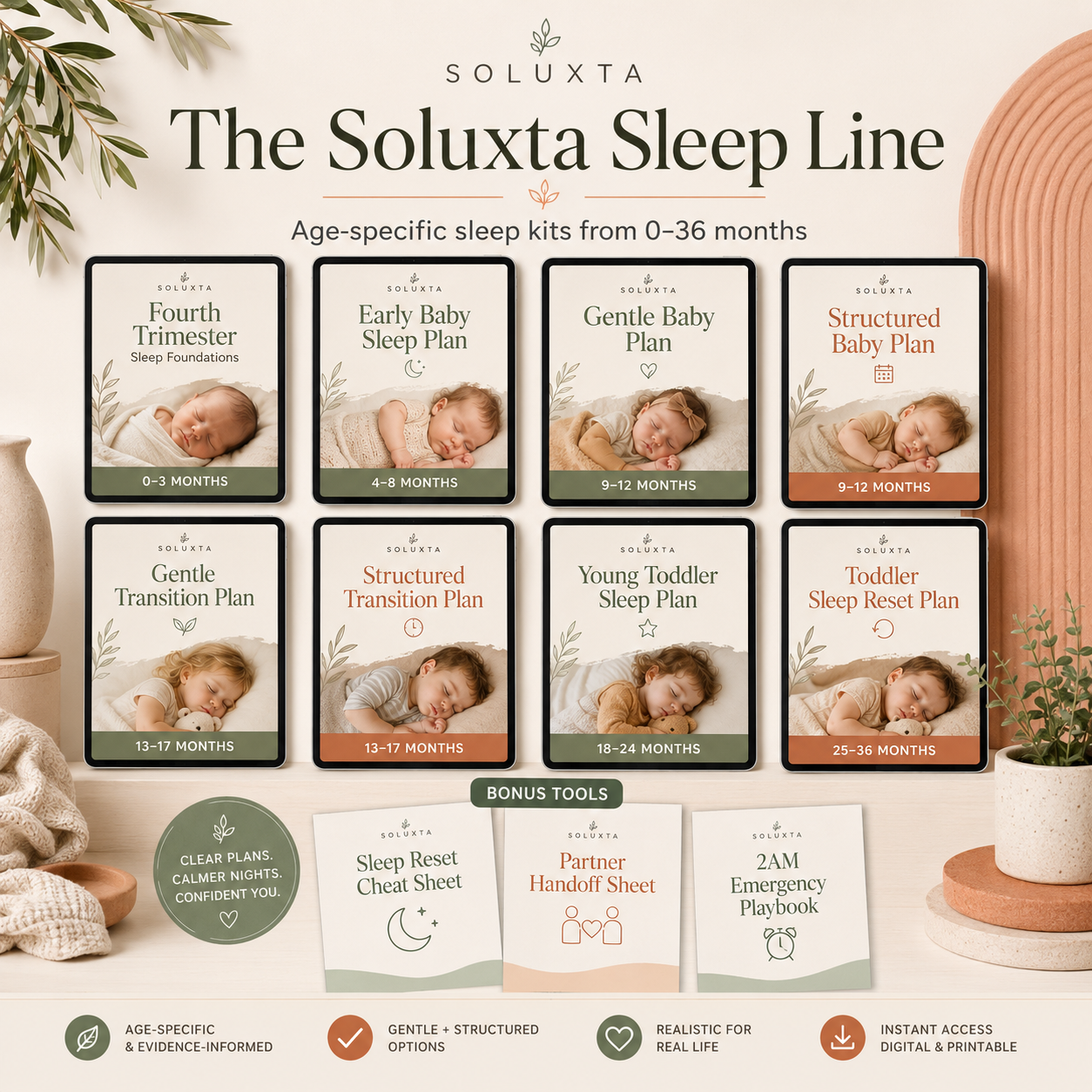 A promotional graphic for the Soluxta Sleep Line, showing a curated set of age-specific sleep plan templates and bonus tools. The layout features eight framed sleep plan cards ranging from newborn to toddler, along with separate sheets and a 2AM emergency playbook.