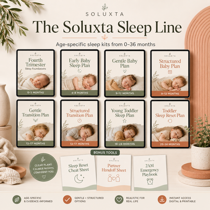 A promotional graphic for the Soluxta Sleep Line, showing a curated set of age-specific sleep plan templates and bonus tools. The layout features eight framed sleep plan cards ranging from newborn to toddler, along with separate sheets and a 2AM emergency playbook.